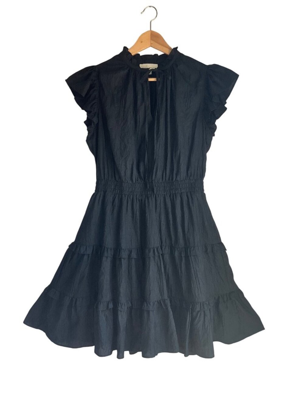 Pinch L Black Tiered Ruffle Crinkled Dress Elastic Waist Tie Neck Flowy